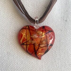 Artisan Glass Murano-Style Red Glass Heart Pendant on Brown Ribbon Necklace